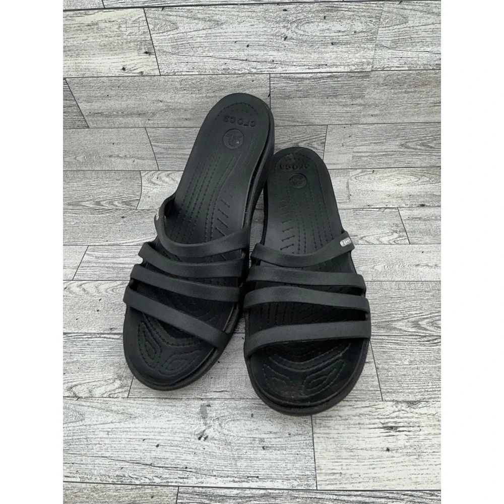 Crocs Women's‎ Rhonda Black Multi Strap Wedge Sandals Slides Comfort Size 11